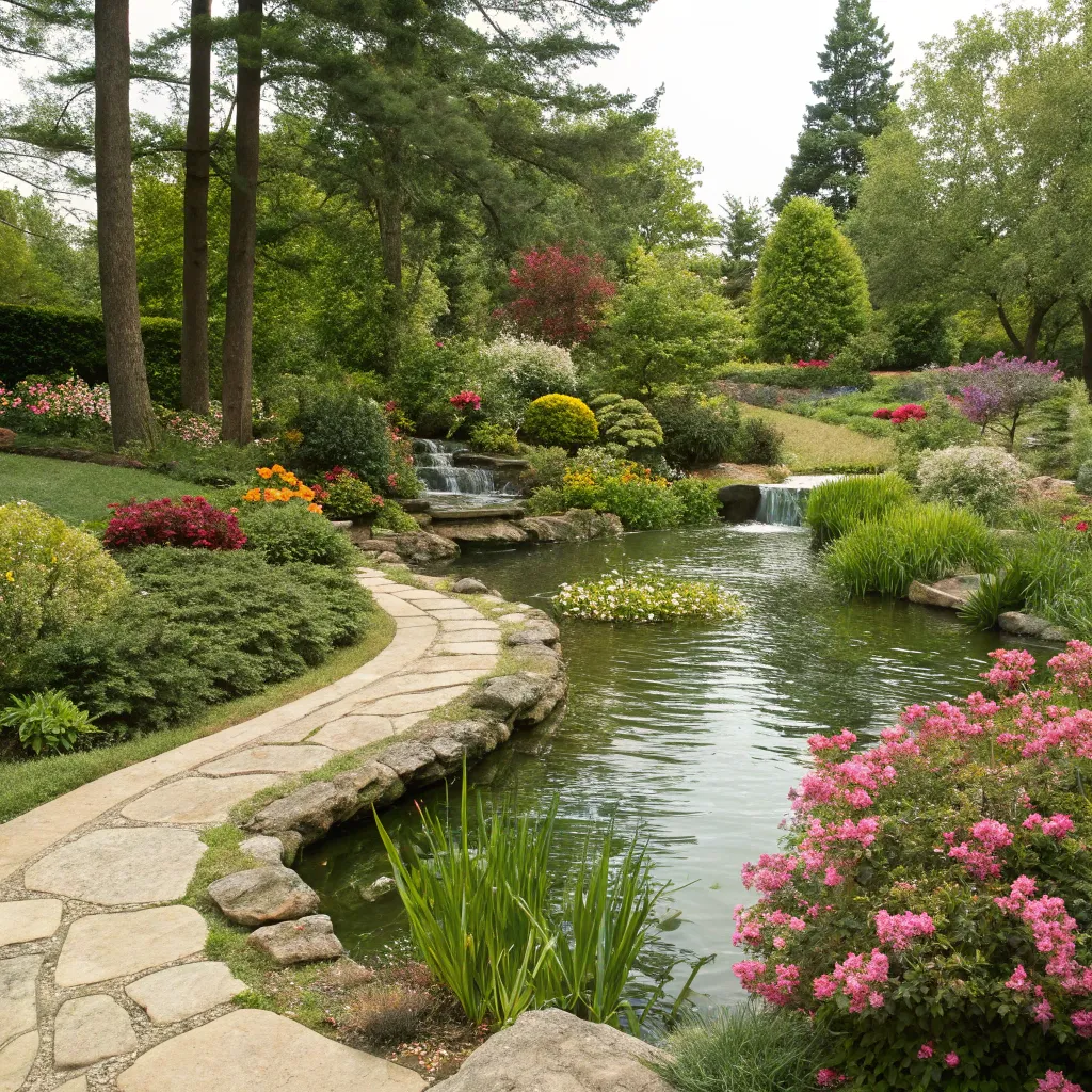 An advanced garden design incorporating both water features and plant life