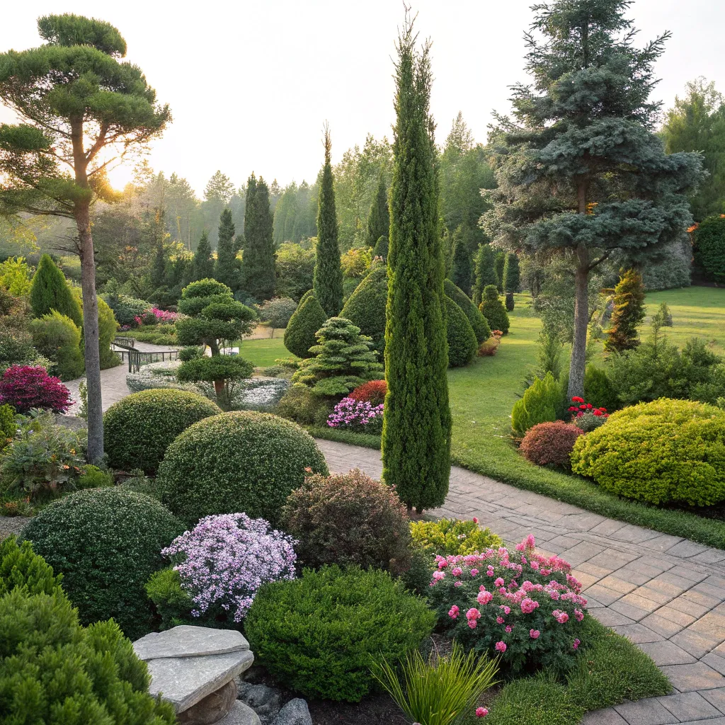 Various types of trees and shrubs arranged in a designed garden