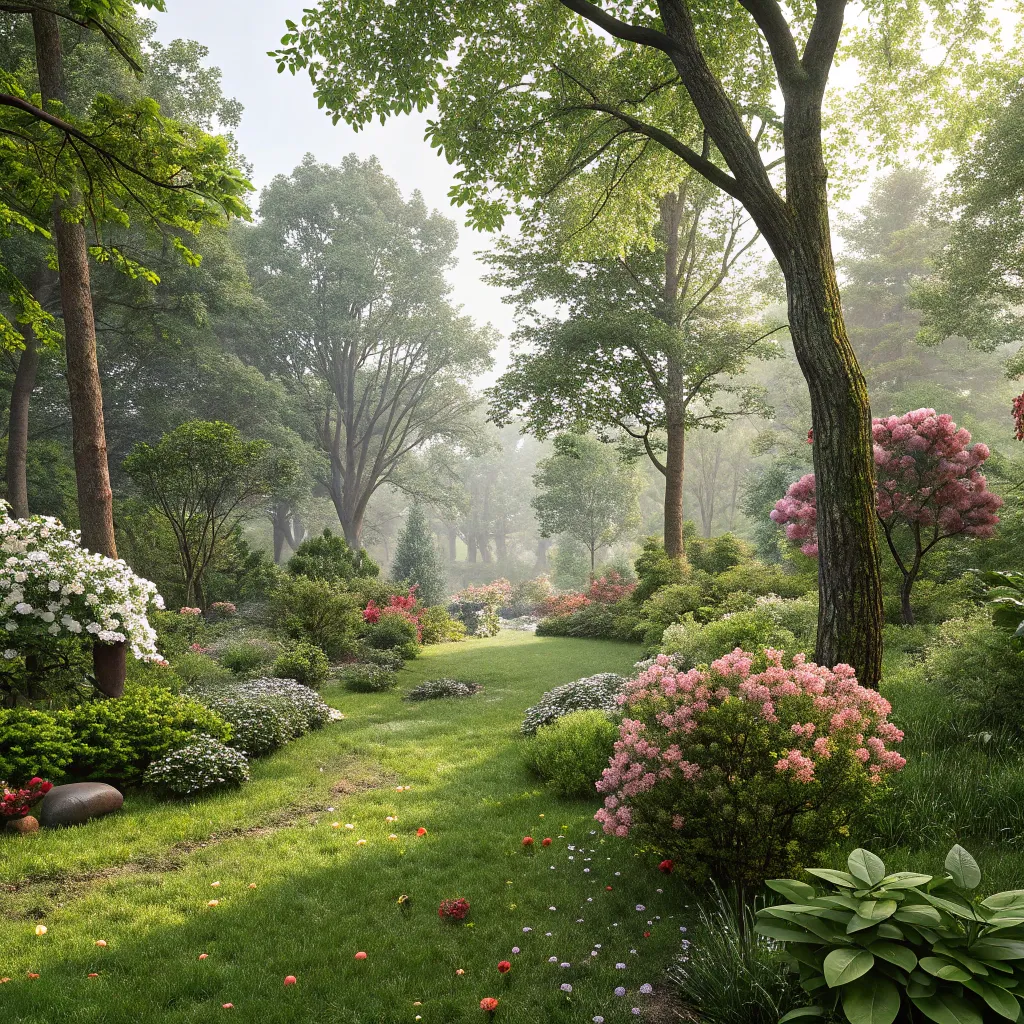 A lush garden with various plants and trees