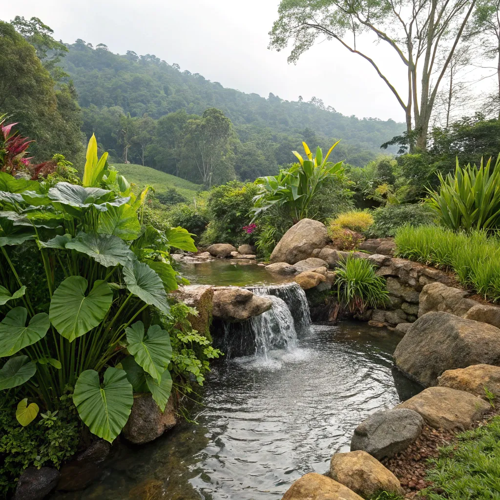 A natural oasis with a small waterfall and green plants