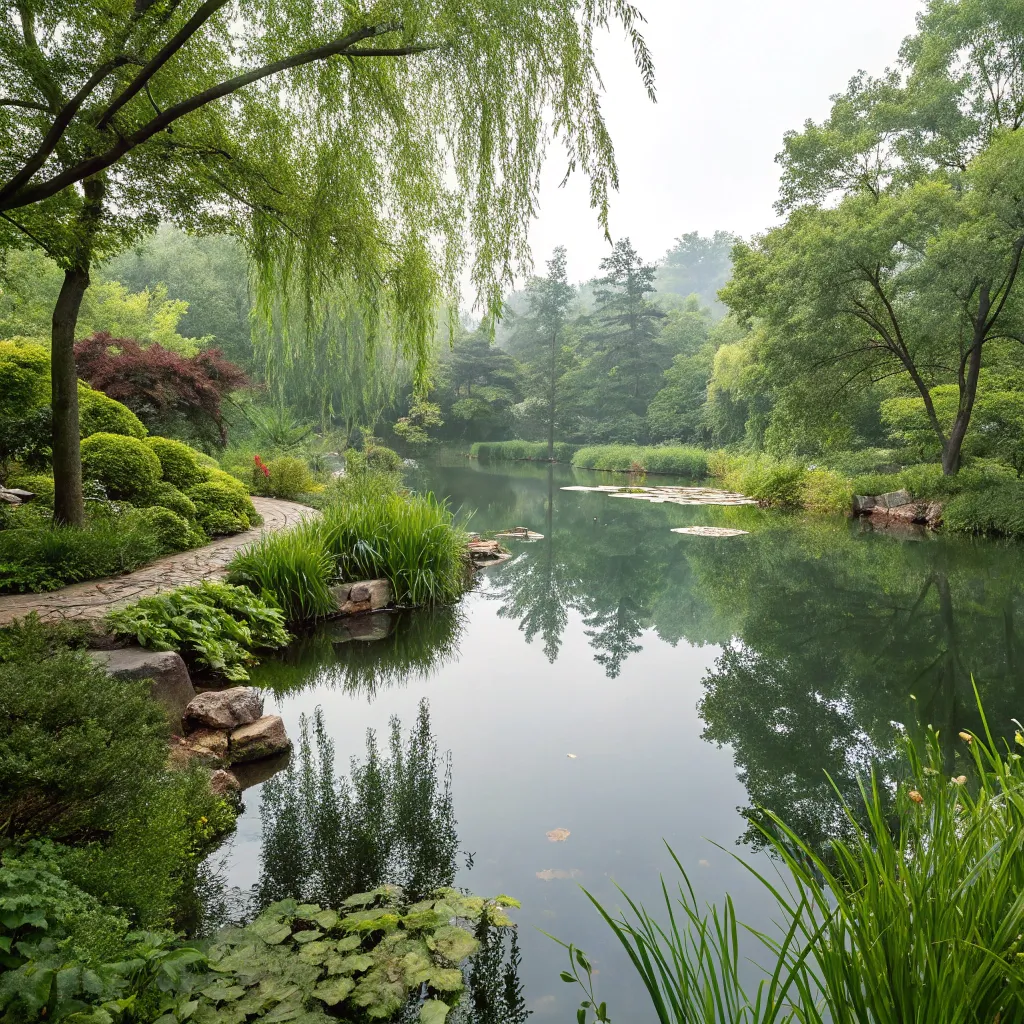 A serene artificial pond surrounded by lush greenery