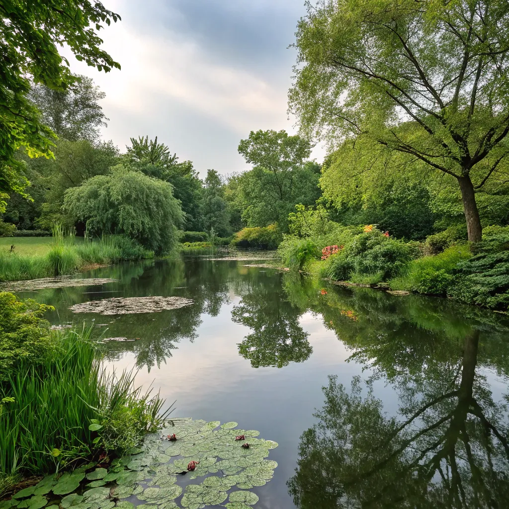 A serene pond surrounded by lush greenery