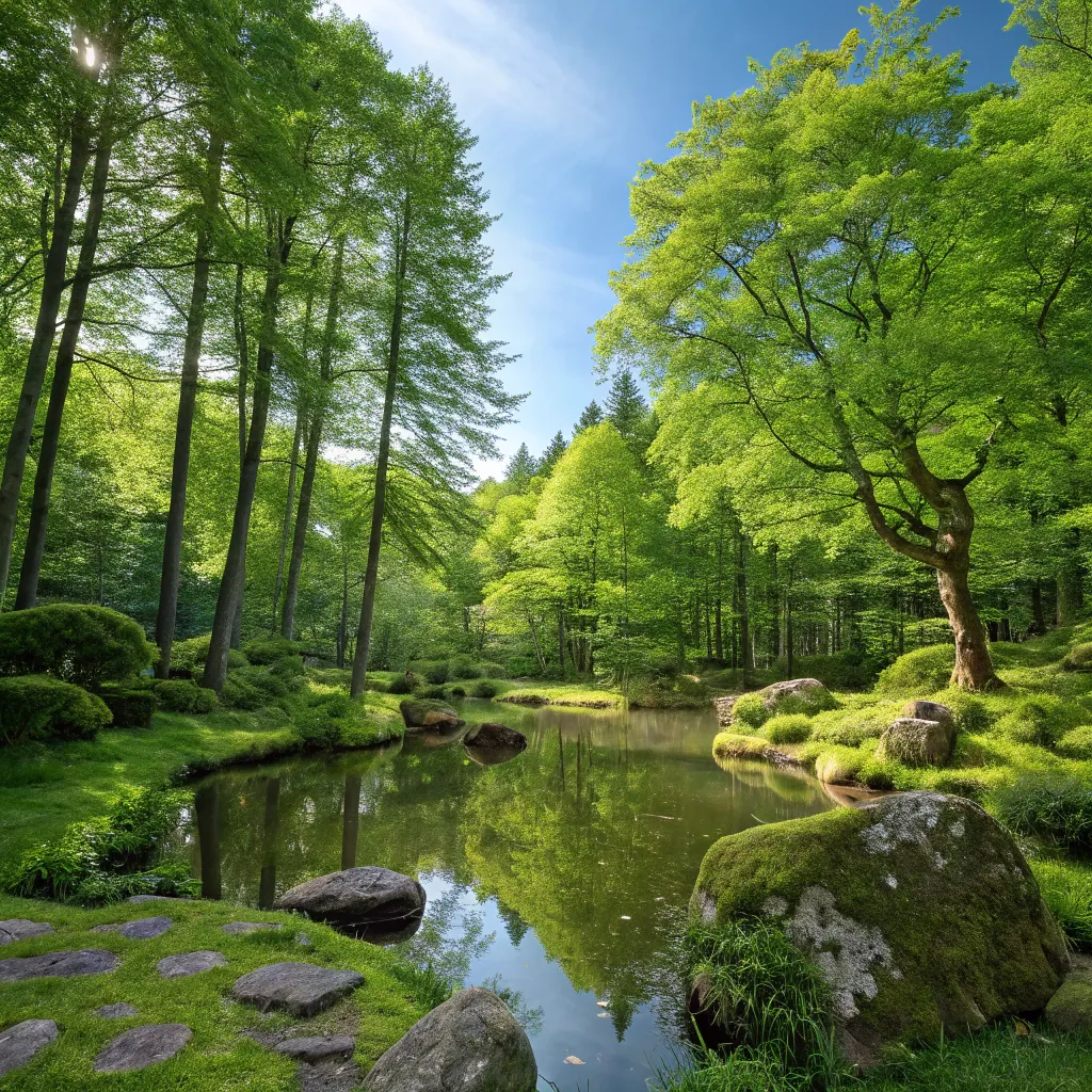 A lush forest with a tranquil pond